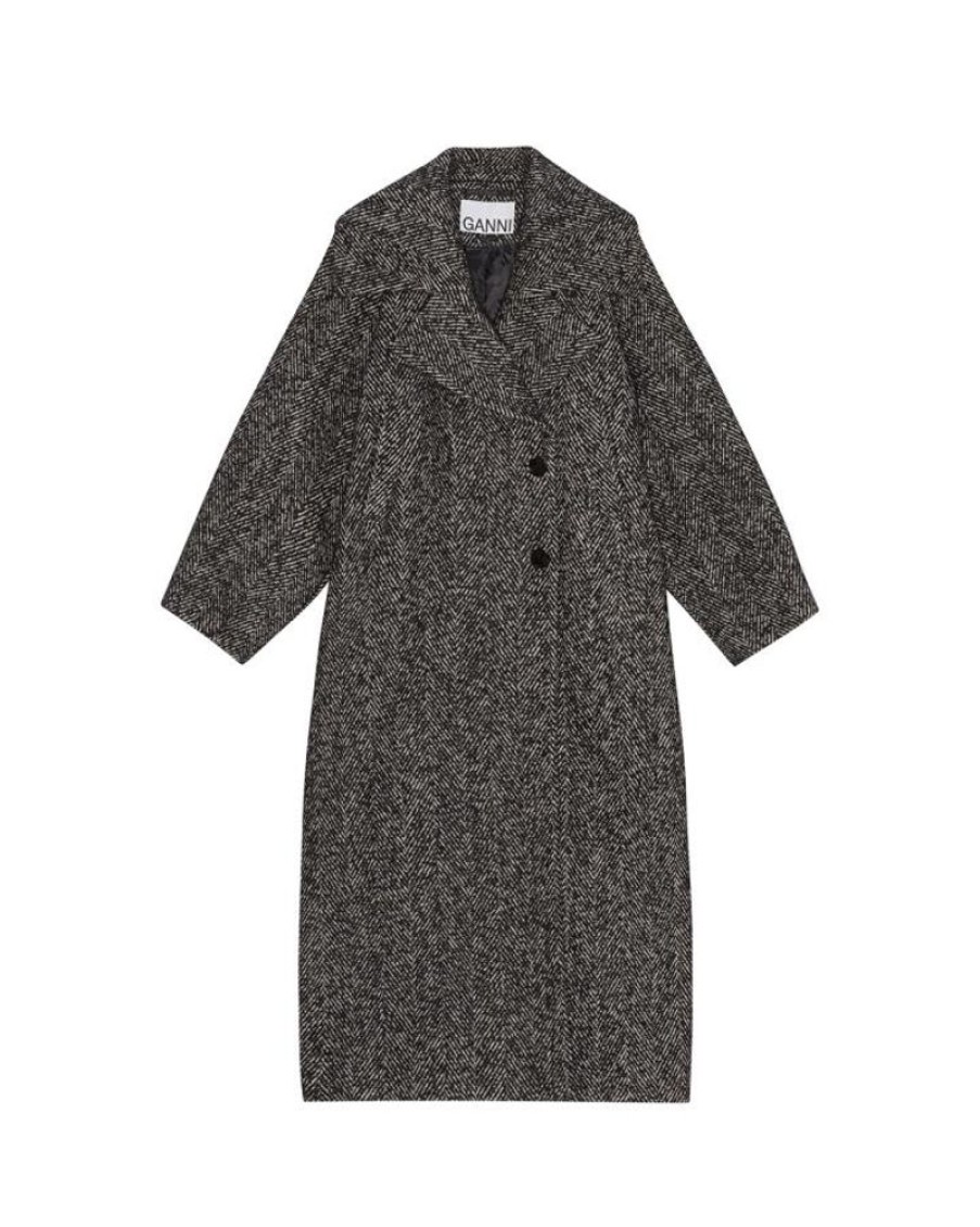 Women Ganni Jackets | Ganni F8314 Herringbone Wool Coat Black