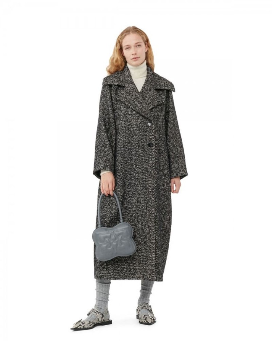 Women Ganni Jackets | Ganni F8314 Herringbone Wool Coat Black