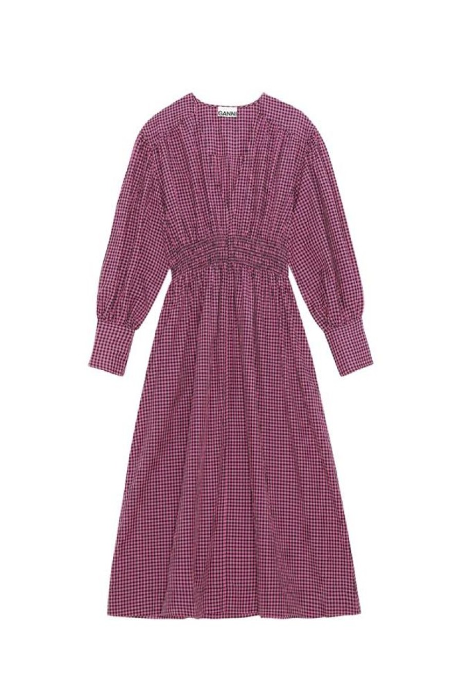 Women Ganni Dresses | Ganni F6713 Seersucker Check Midi Dress Carmine Rose