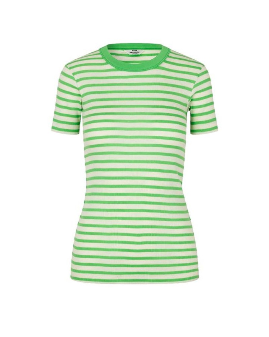 Women Mads Nørgaard Women T-Shirts And Tops | Norgaard 2X2 Cotton Stripe Trine Tee Stripe/Poison Green