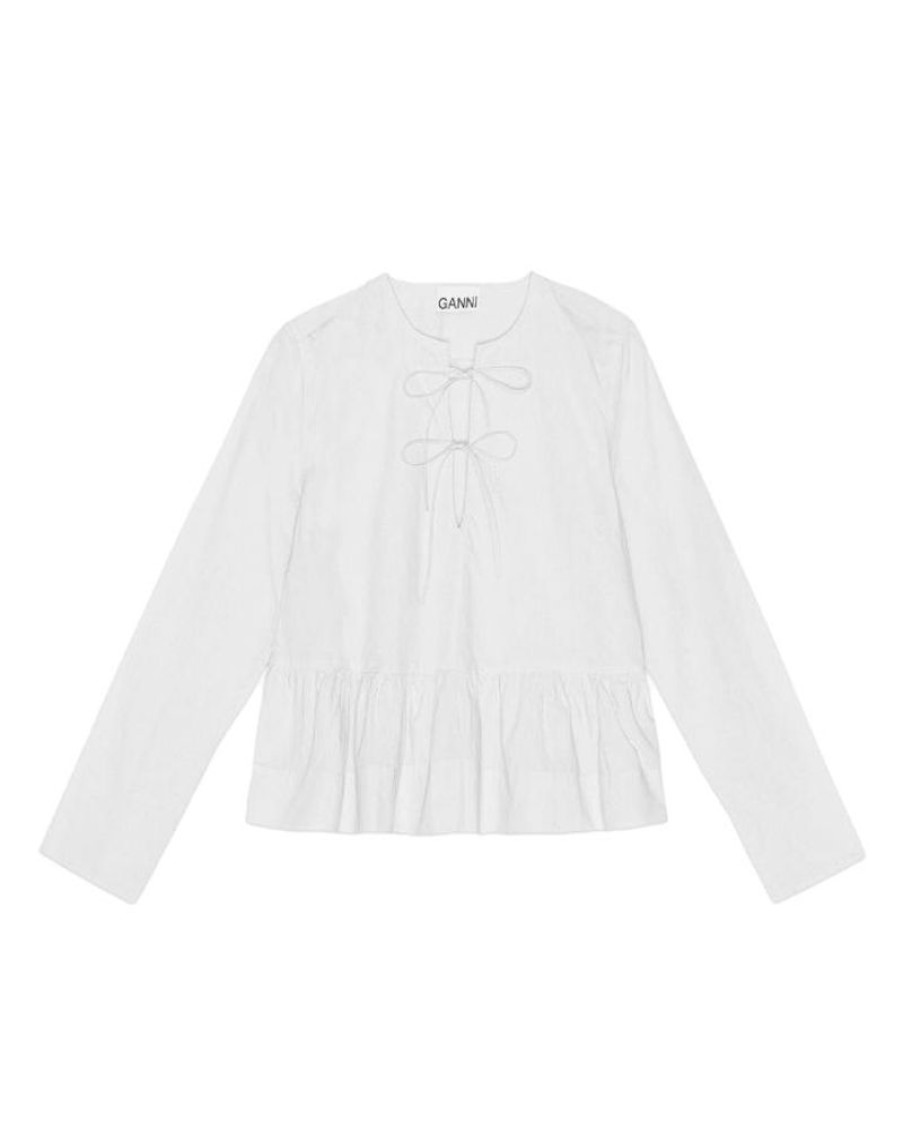 Women Ganni Shirts | Ganni F8511 Cotton Poplin Tie String Peplum Blouse