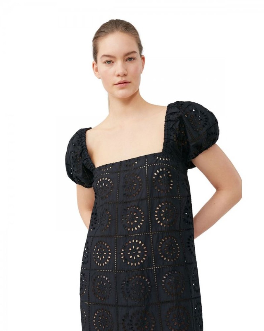 Women Ganni Dresses | Ganni F7809 Broderie Anglaise Midi Dress Black