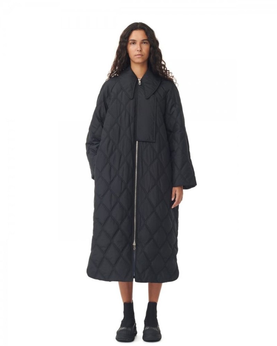 Women Ganni Jackets | Ganni F7327 Ripstop Quilt Coat Black