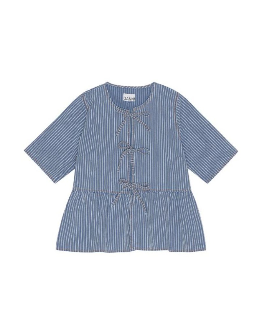 Women Ganni Shirts | Ganni J1314 Light Stripe Denim Peplum Blouse Mid Blue Stone