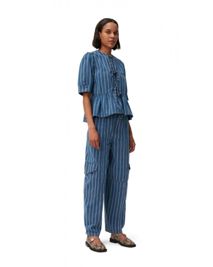 Women Ganni Shirts | Ganni J1314 Light Stripe Denim Peplum Blouse Mid Blue Stone