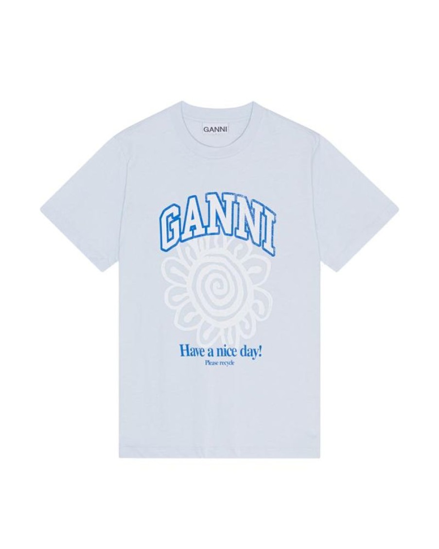 Women Ganni T-Shirts And Tops | Ganni T3533 Basic Jersey Flower Relaxed T-Shirt Ice Water