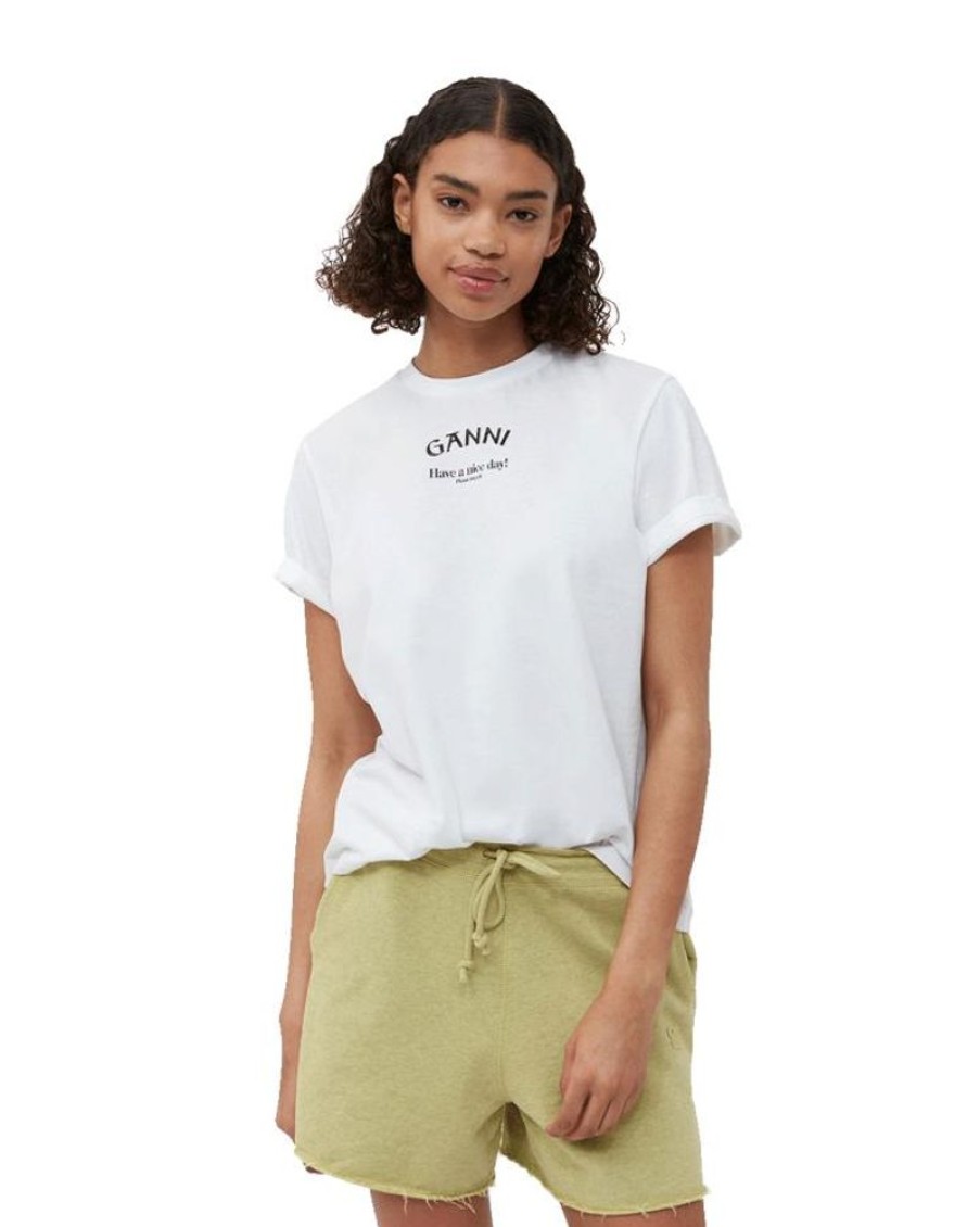 Women Ganni T-Shirts And Tops | Ganni T3561 Thin Jersey Relaxed O-Neck T-Shirt White