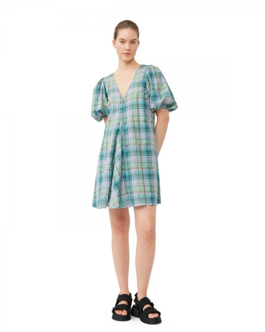 Women Ganni Dresses | Ganni F7854 Seersucker Check V-Neck Mini Dress Lagoon